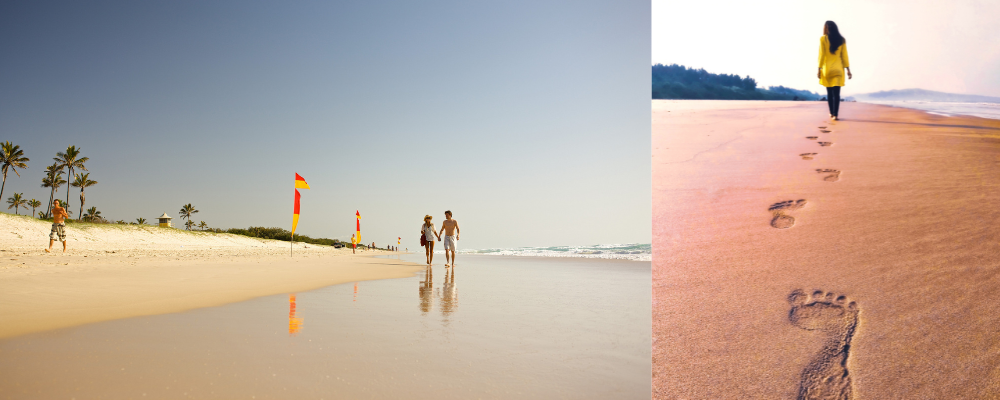 walking on beach with foot prints 