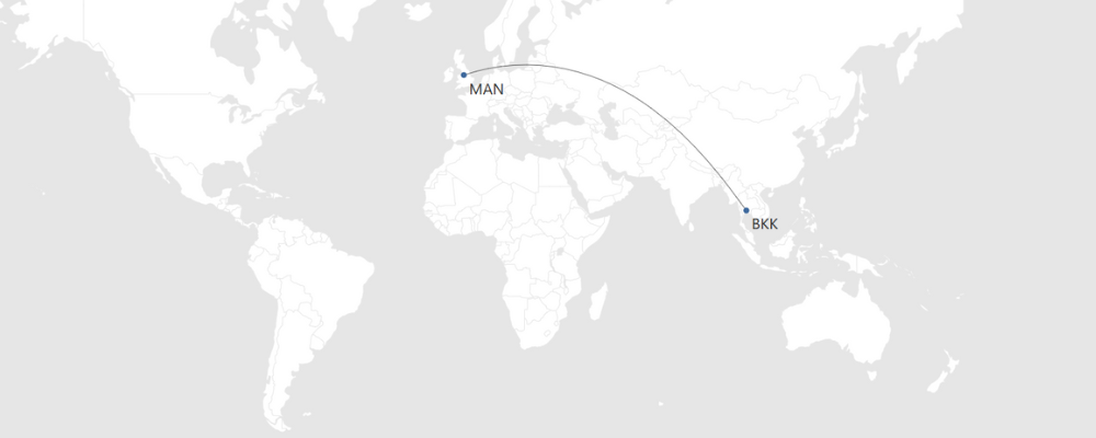 Manchester to Bangkok flight map 
