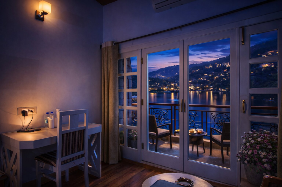 luxury lake view hotel with swimming pool on bhimtal lake