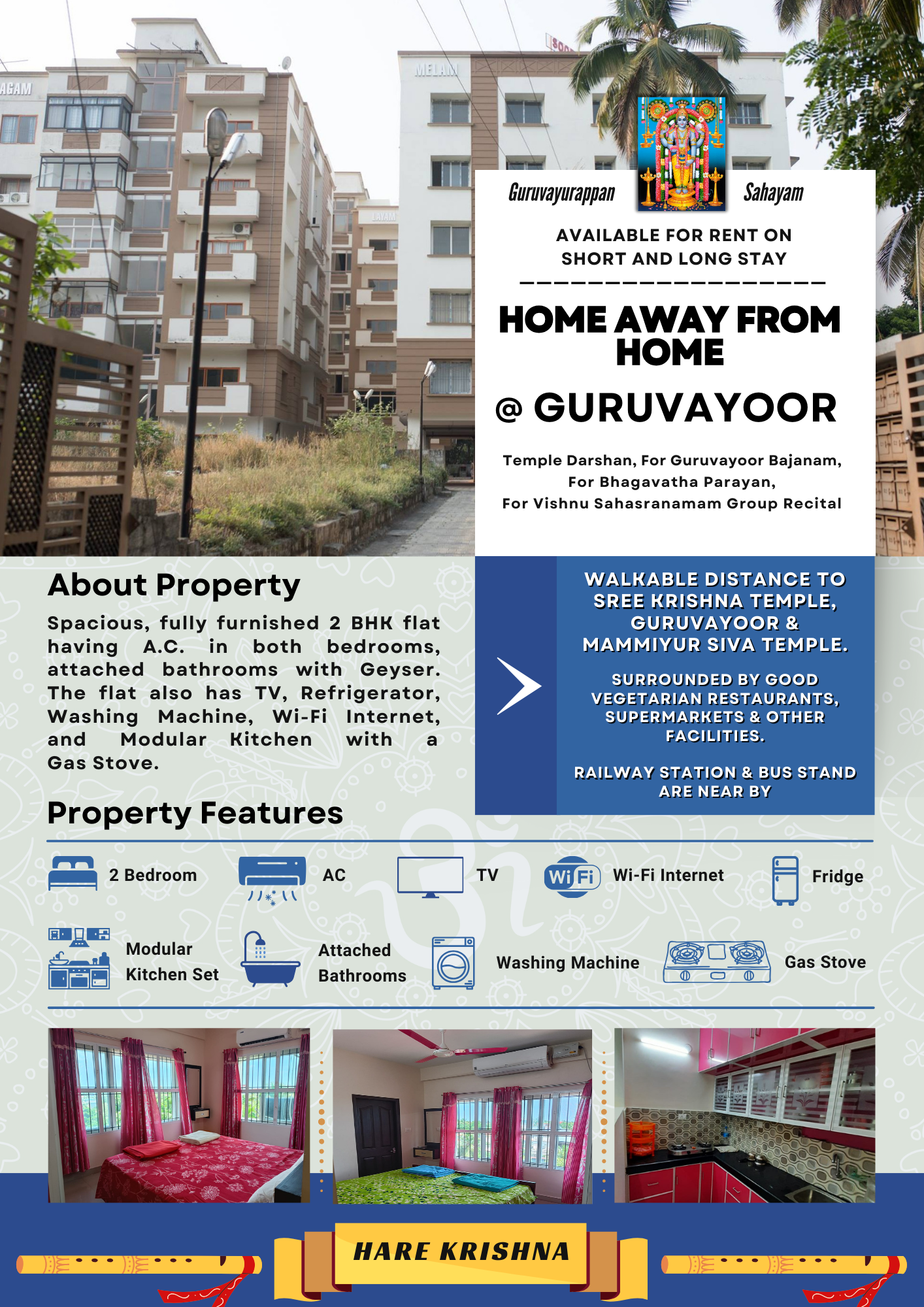 2 bhk furnished flat 200m to guruvayoor temple